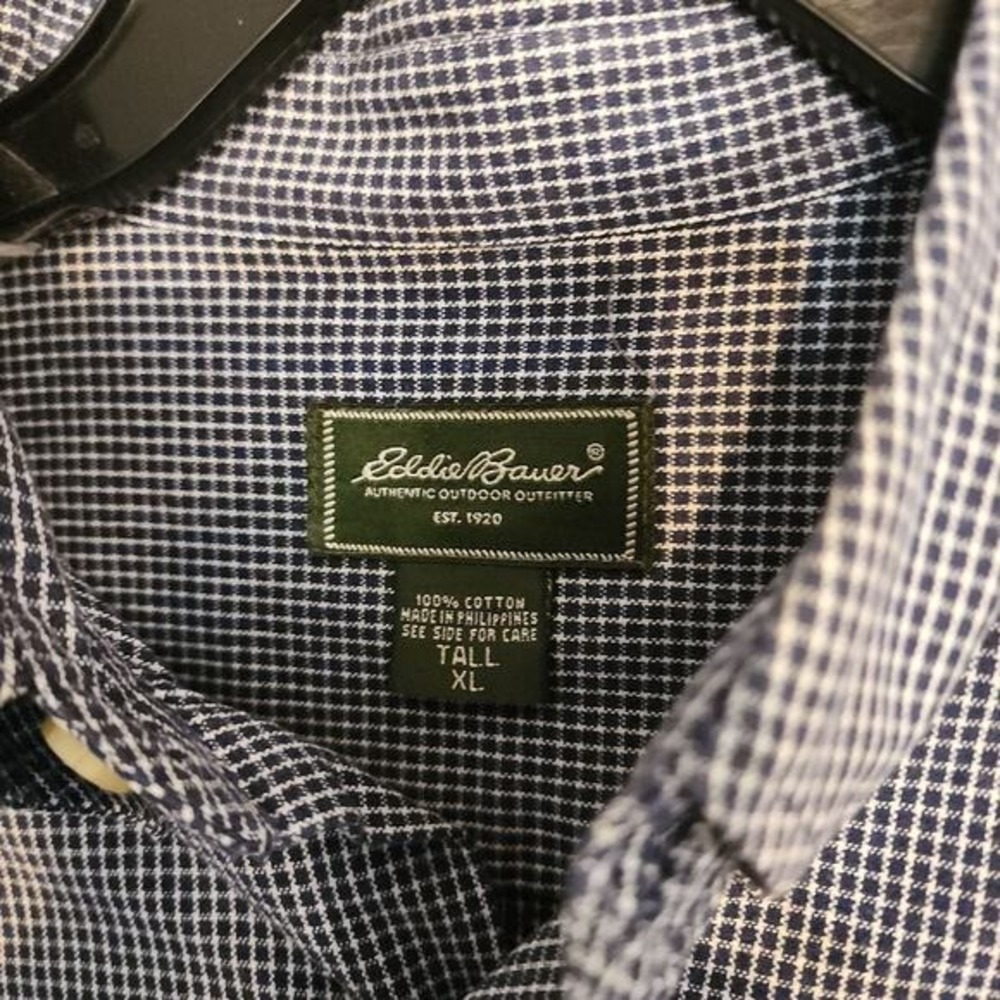 51. Eddie Bauer Mens XL Tall Blue White Micro Gingham Check Cotton Button Down - Picture 3 of 3
